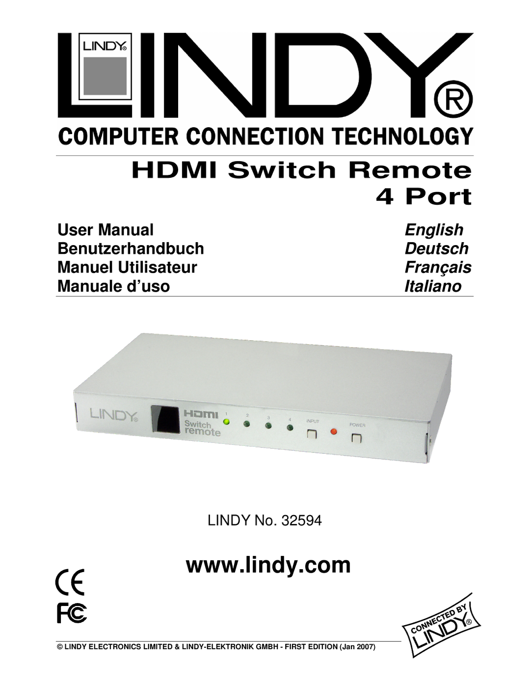 Lindy lindy no. 32594 user manual Hdmi Switch Remote 4 Port 