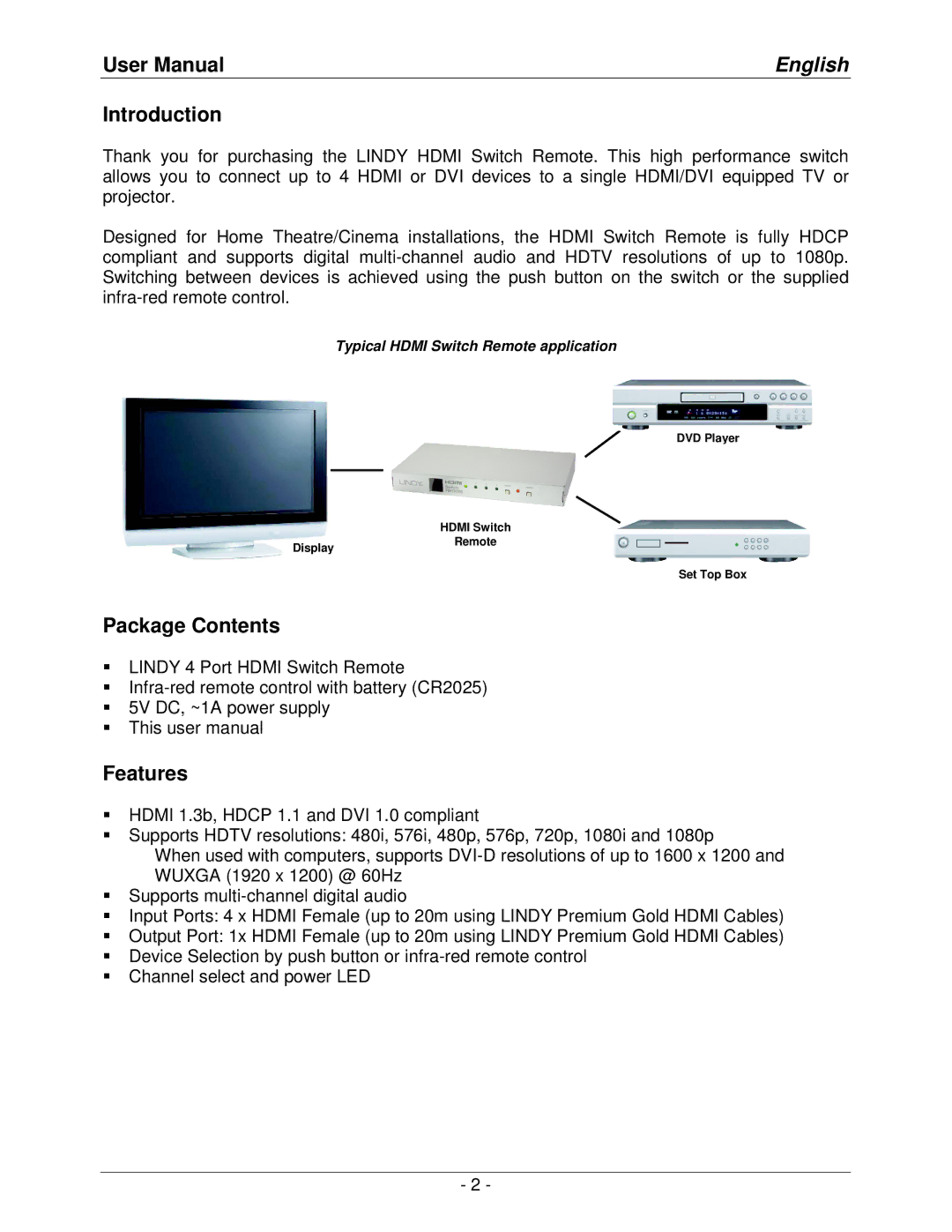 Lindy lindy no. 32594 user manual English, Introduction, Package Contents, Features 