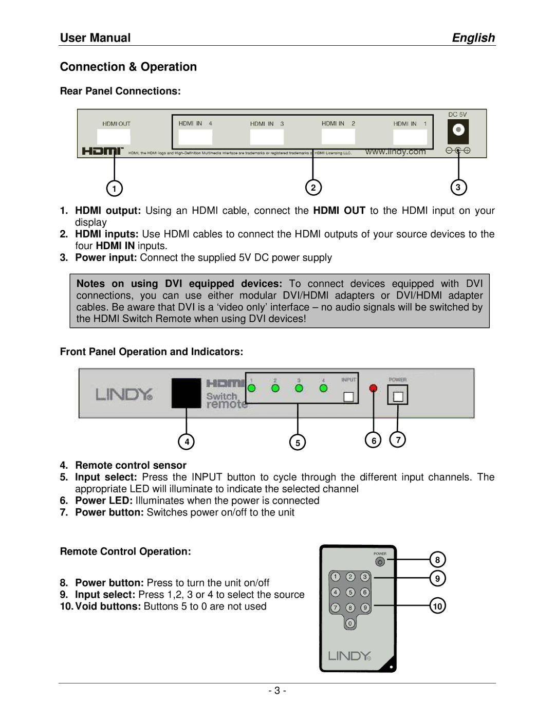 Lindy lindy no. 32594 user manual Connection & Operation, Rear Panel Connections, Void buttons Buttons 5 to 0 are not used 