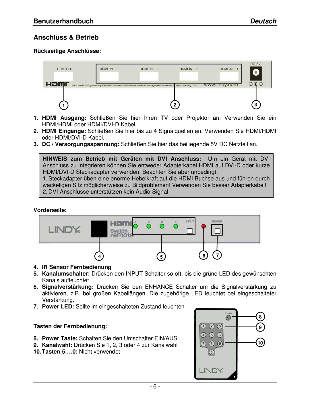 Lindy lindy no. 32594 BenutzerhandbuchDeutsch Anschluss & Betrieb, Rückseitige Anschlüsse, Tasten der Fernbedienung 