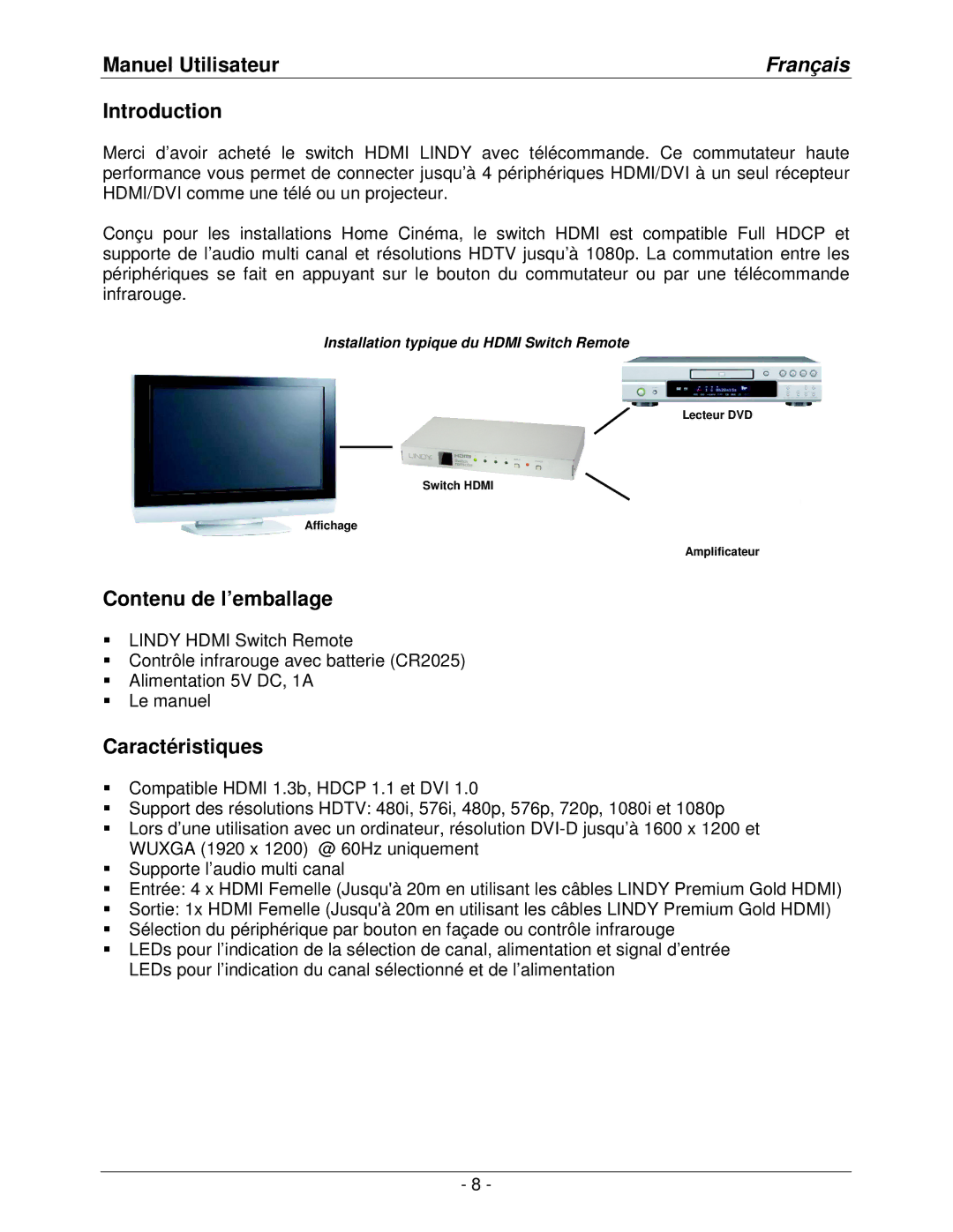 Lindy lindy no. 32594 user manual Manuel Utilisateur, Français, Contenu de l’emballage, Caractéristiques 