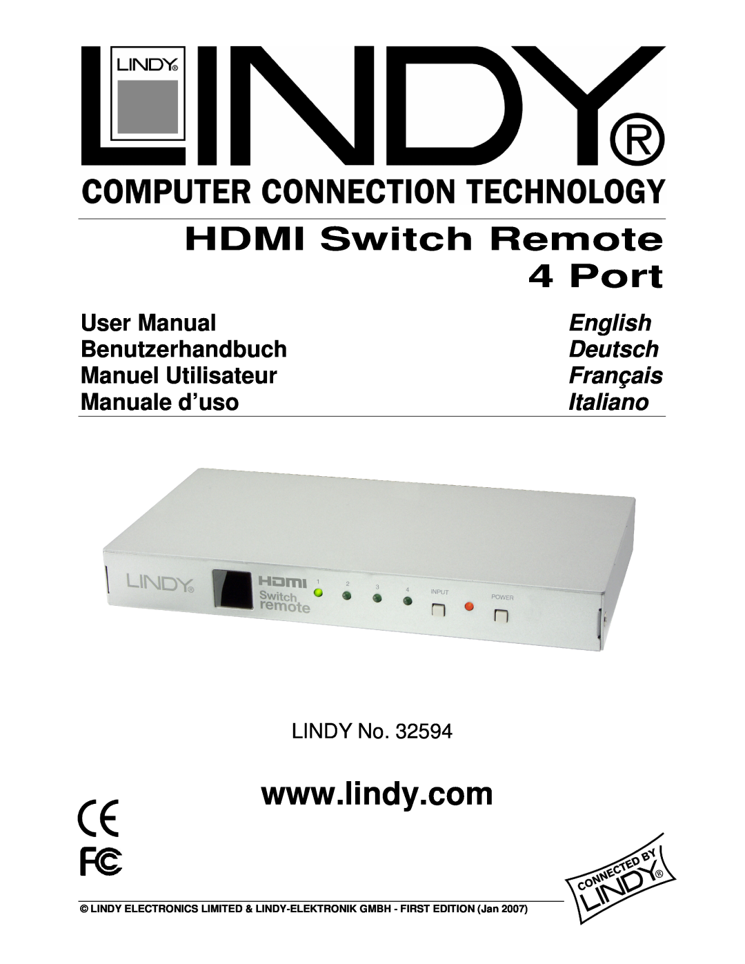 Lindy lindy no. 32594 user manual HDMI Switch Remote 4 Port, User Manual, English, Benutzerhandbuch, Deutsch, Français 