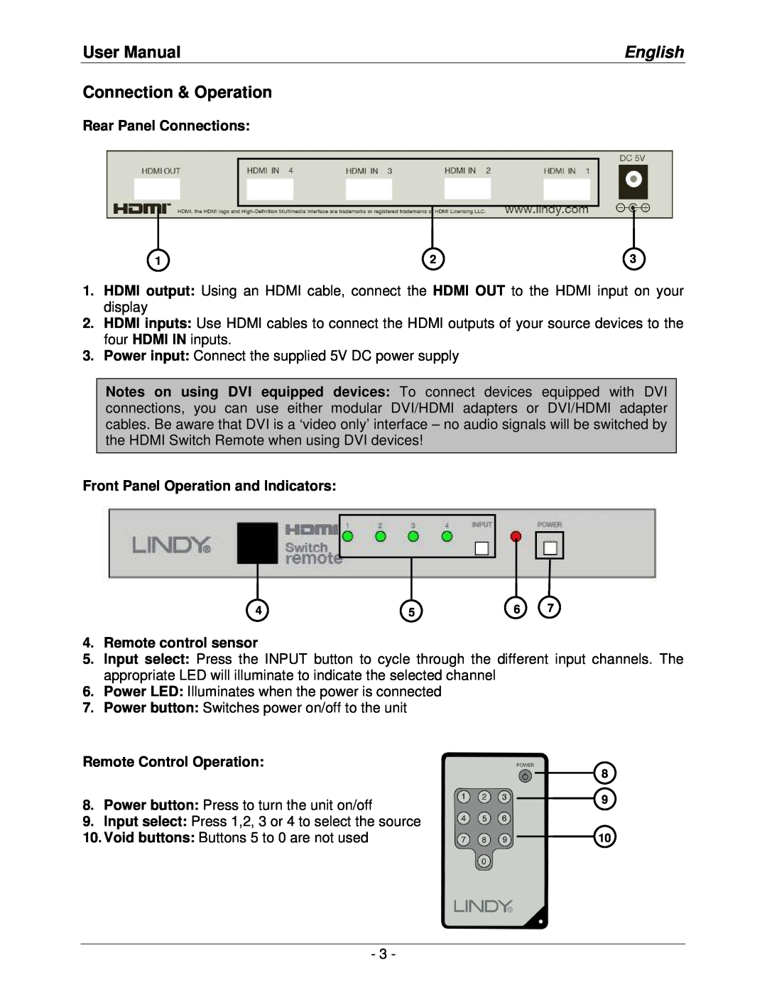 Lindy lindy no. 32594 user manual Connection & Operation, User Manual, English, Rear Panel Connections 