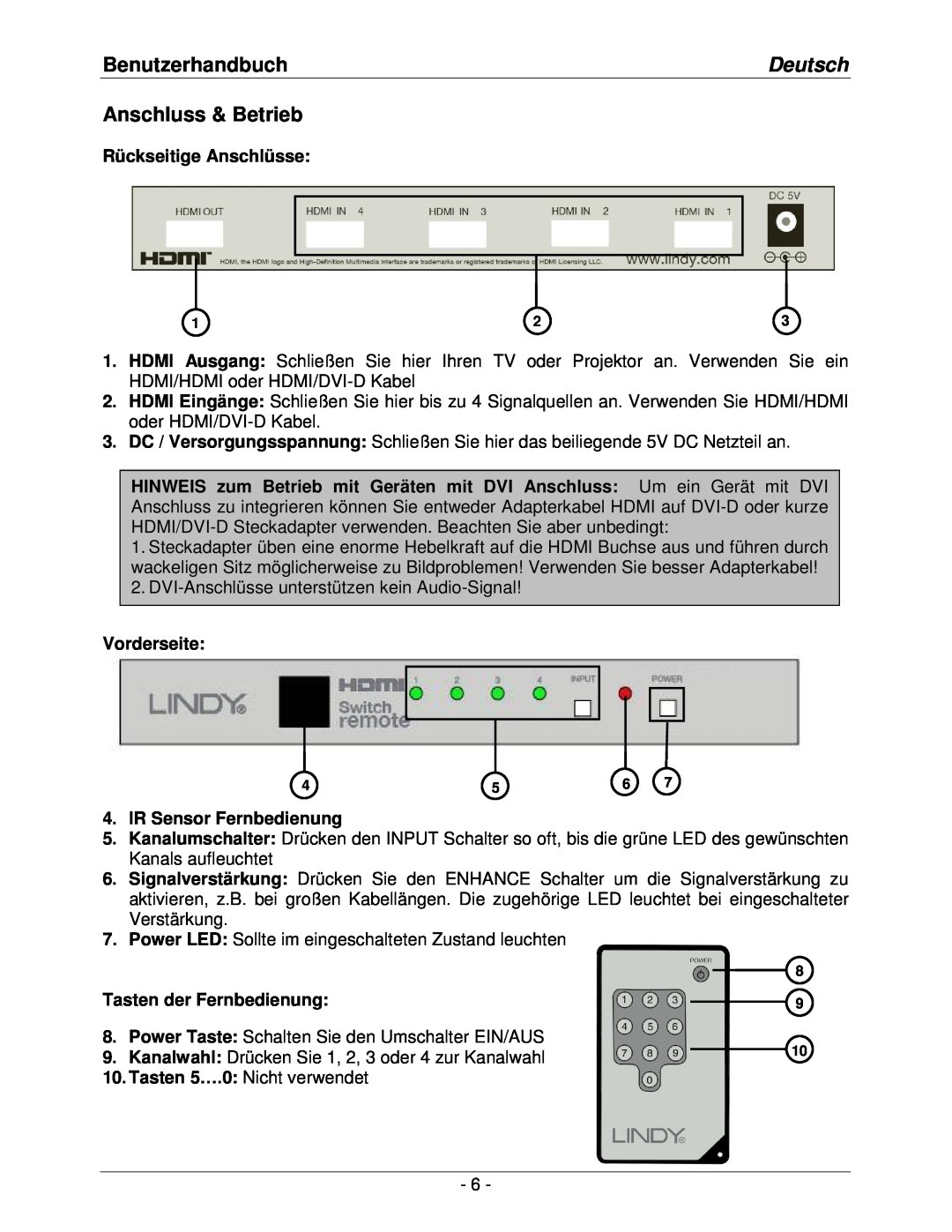Lindy lindy no. 32594 user manual BenutzerhandbuchDeutsch Anschluss & Betrieb, Rückseitige Anschlüsse, Vorderseite 