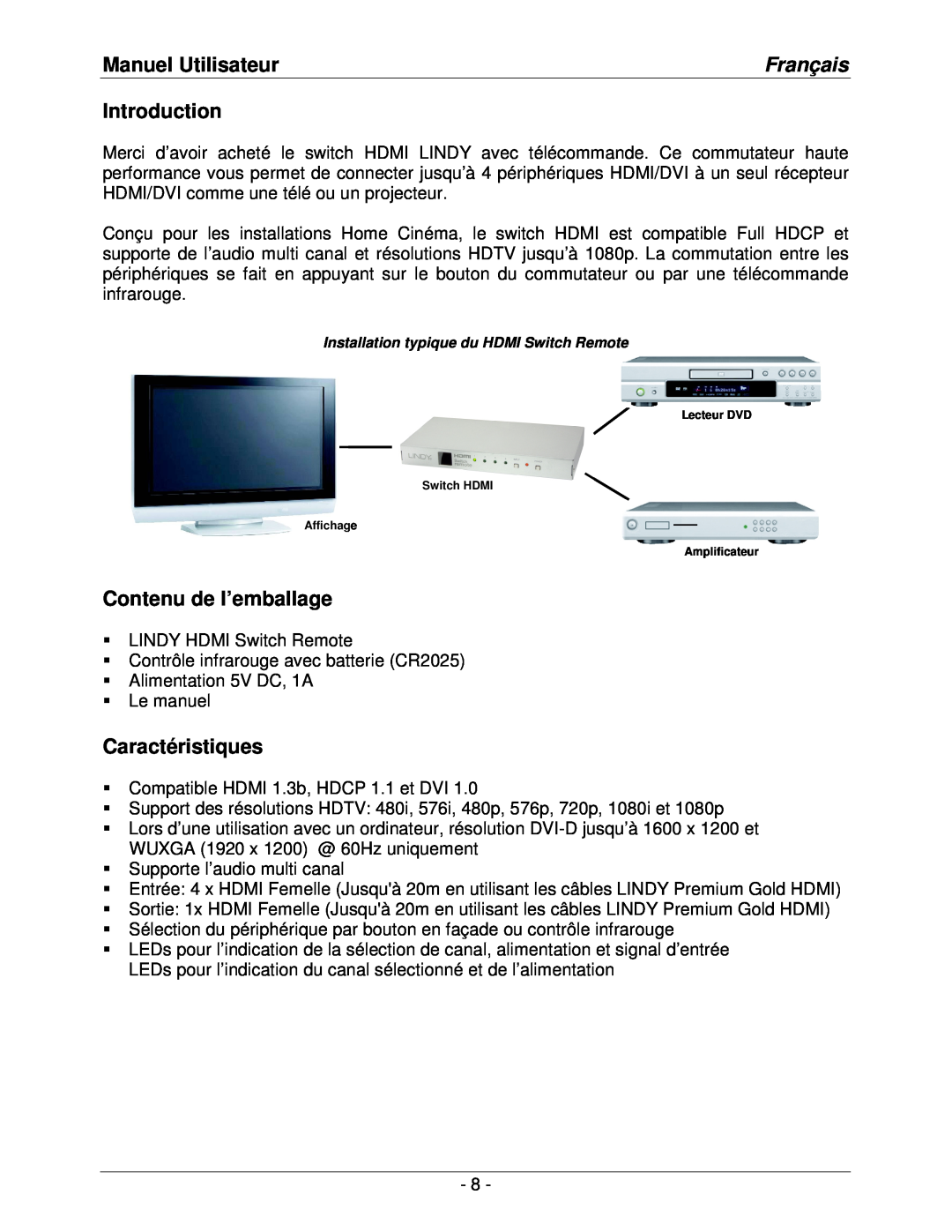 Lindy lindy no. 32594 user manual Manuel Utilisateur, Français, Contenu de l’emballage, Caractéristiques, Introduction 