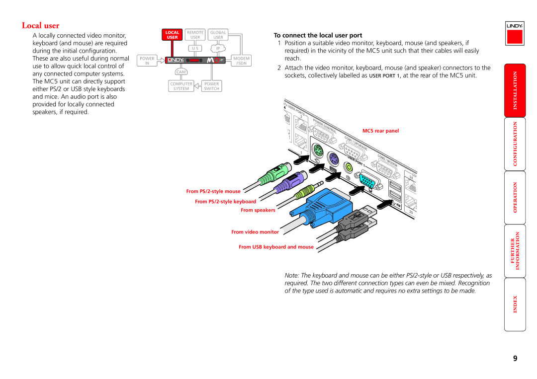 Lindy MC5-IP manual Local user, To connect the local user port, MC5 rear panel 