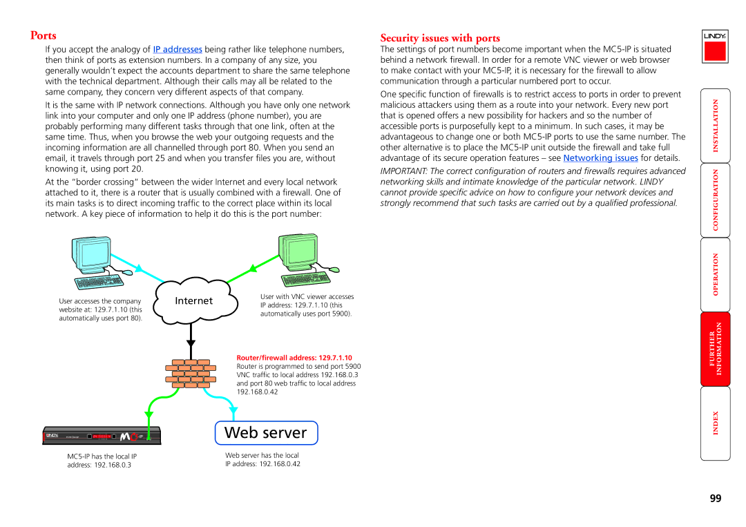 Lindy MC5-IP manual Ports, Security issues with ports, Router/firewall address 