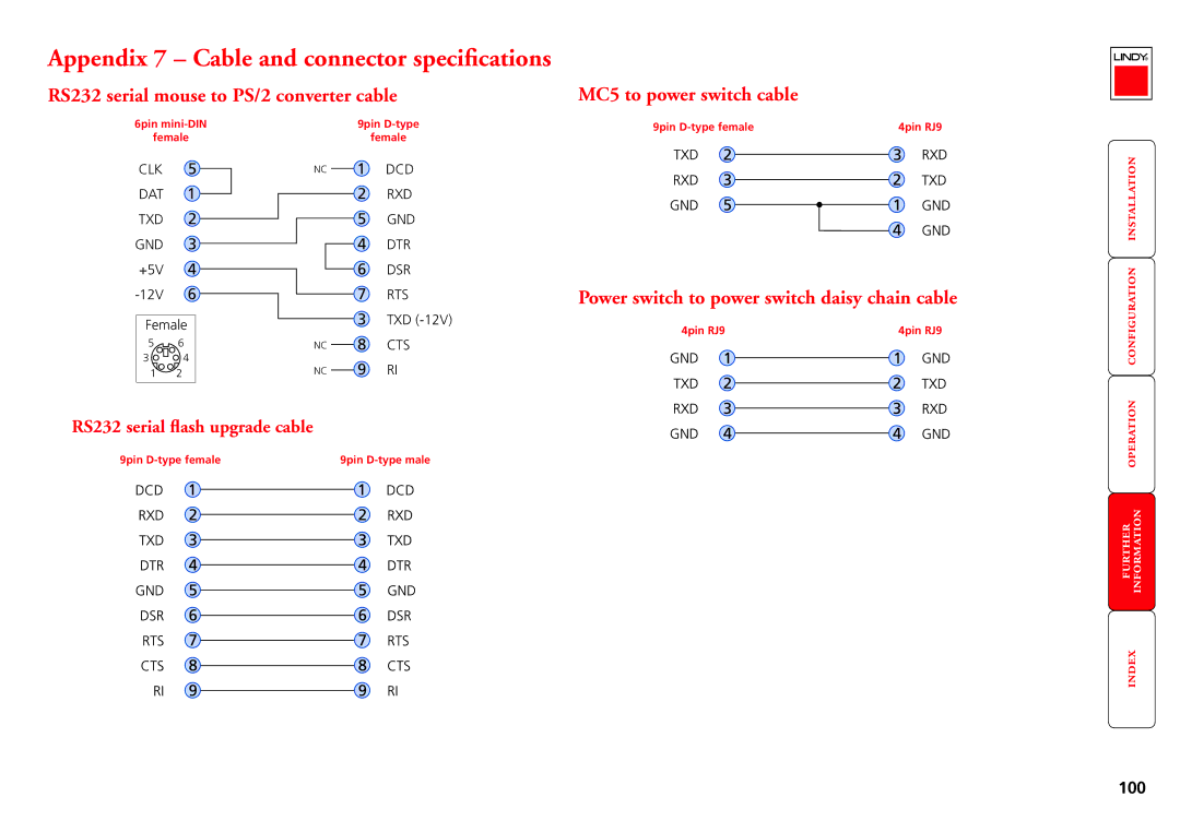 Lindy MC5-IP manual Power switch to power switch daisy chain cable, RS232 serial flash upgrade cable, 6pin mini-DIN Female 