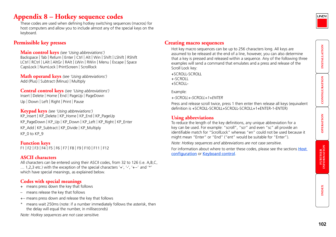 Lindy MC5-IP manual Appendix 8 Hotkey sequence codes, Permissible key presses, Creating macro sequences 