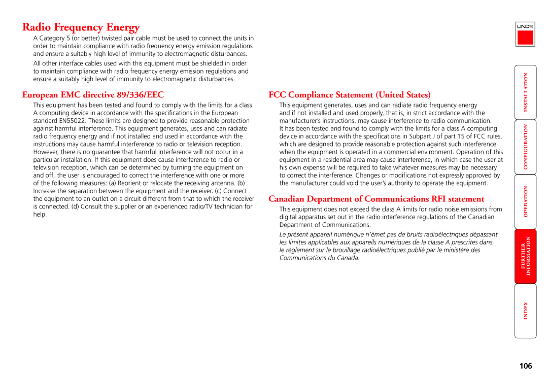 Lindy MC5-IP manual Radio Frequency Energy, European EMC directive 89/336/EEC, FCC Compliance Statement United States 