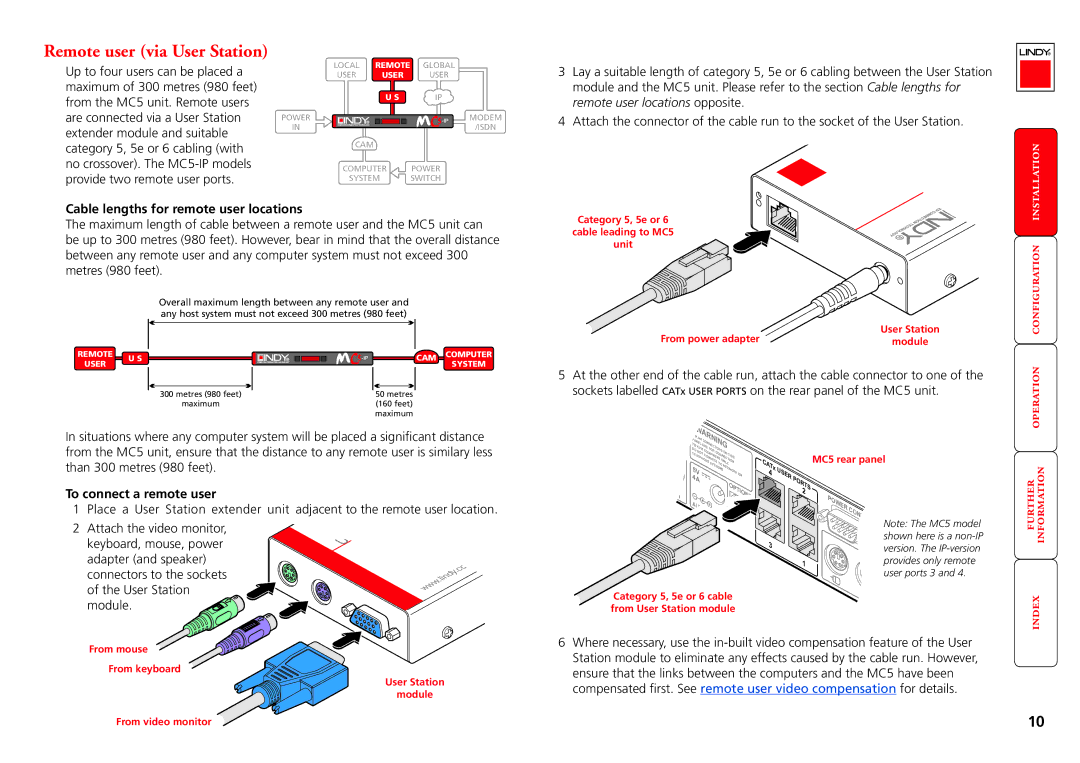 Lindy MC5-IP manual Remote user via User Station, Cable lengths for remote user locations, To connect a remote user 