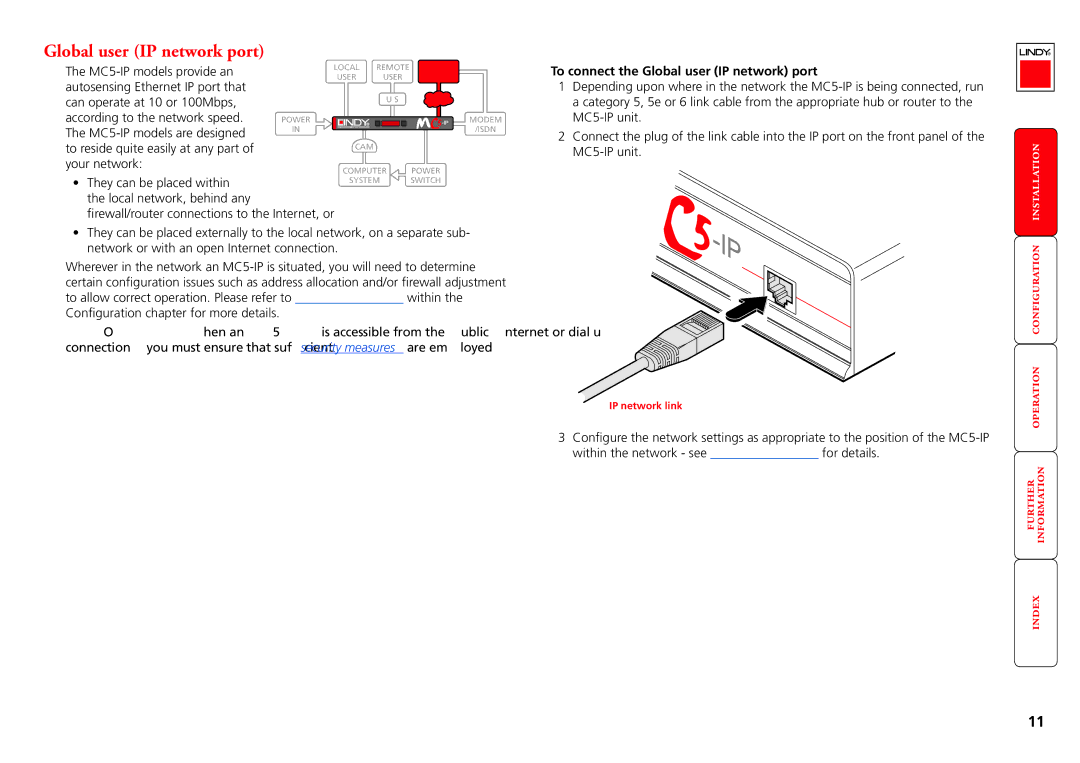 Lindy MC5-IP manual To connect the Global user IP network port, IP network link 