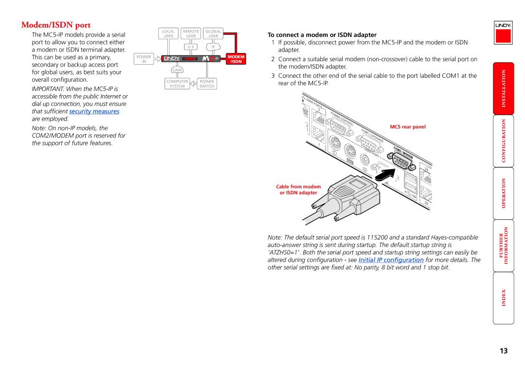 Lindy MC5-IP manual Modem/ISDN port, To connect a modem or Isdn adapter, MC5 rear panel Cable from modem Or Isdn adapter 