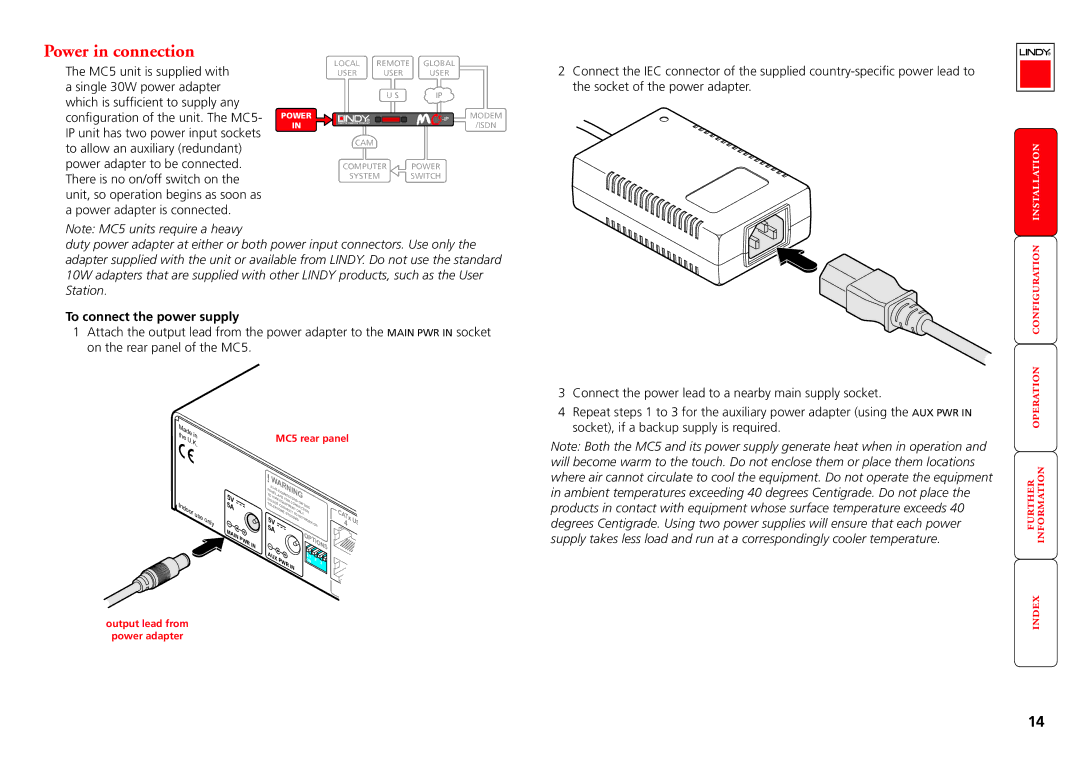 Lindy MC5-IP manual Power in connection, To connect the power supply, Output lead from Power adapter 