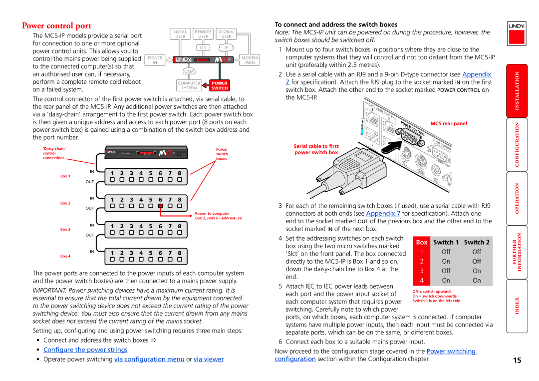 Lindy MC5-IP manual Power control port, To connect and address the switch boxes 