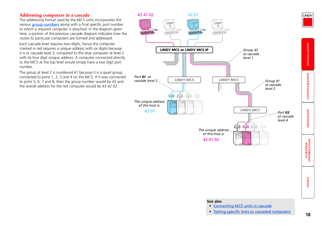 Lindy MC5-IP manual Addressing computers in a cascade, 43 41 