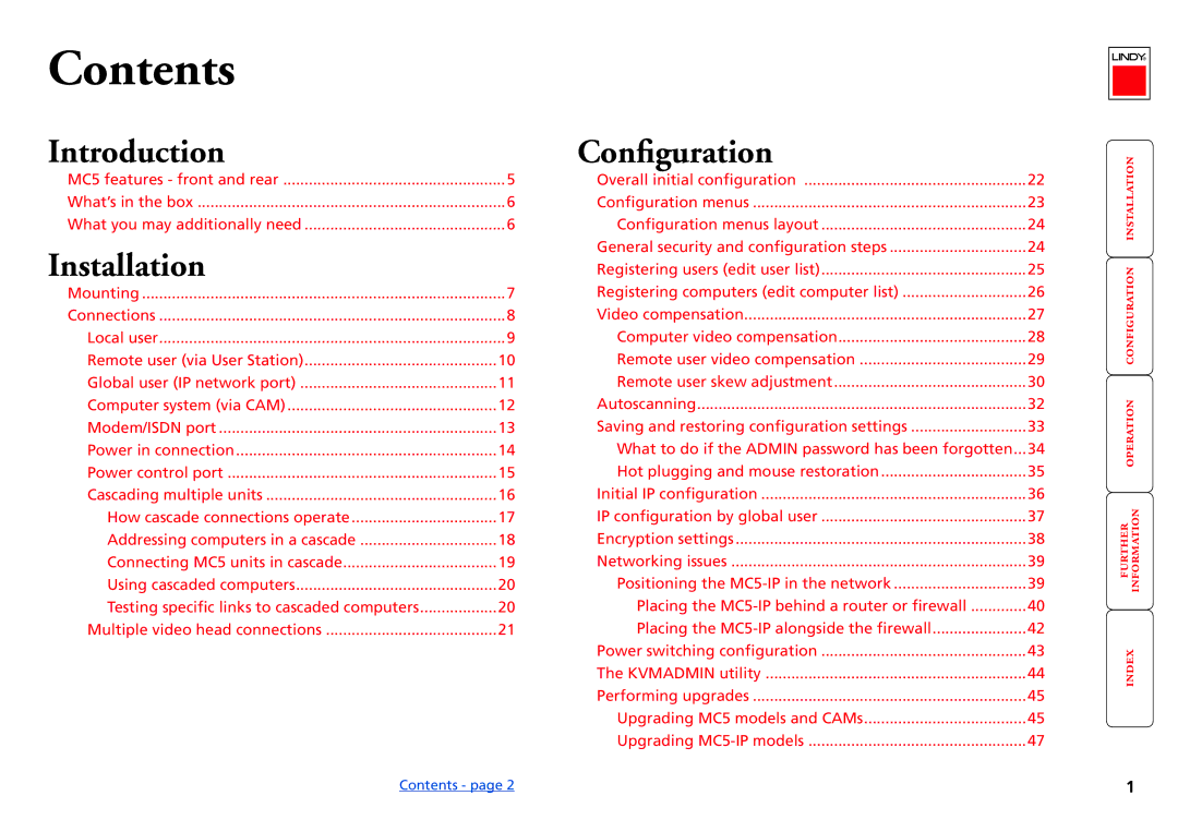 Lindy MC5-IP manual Contents 