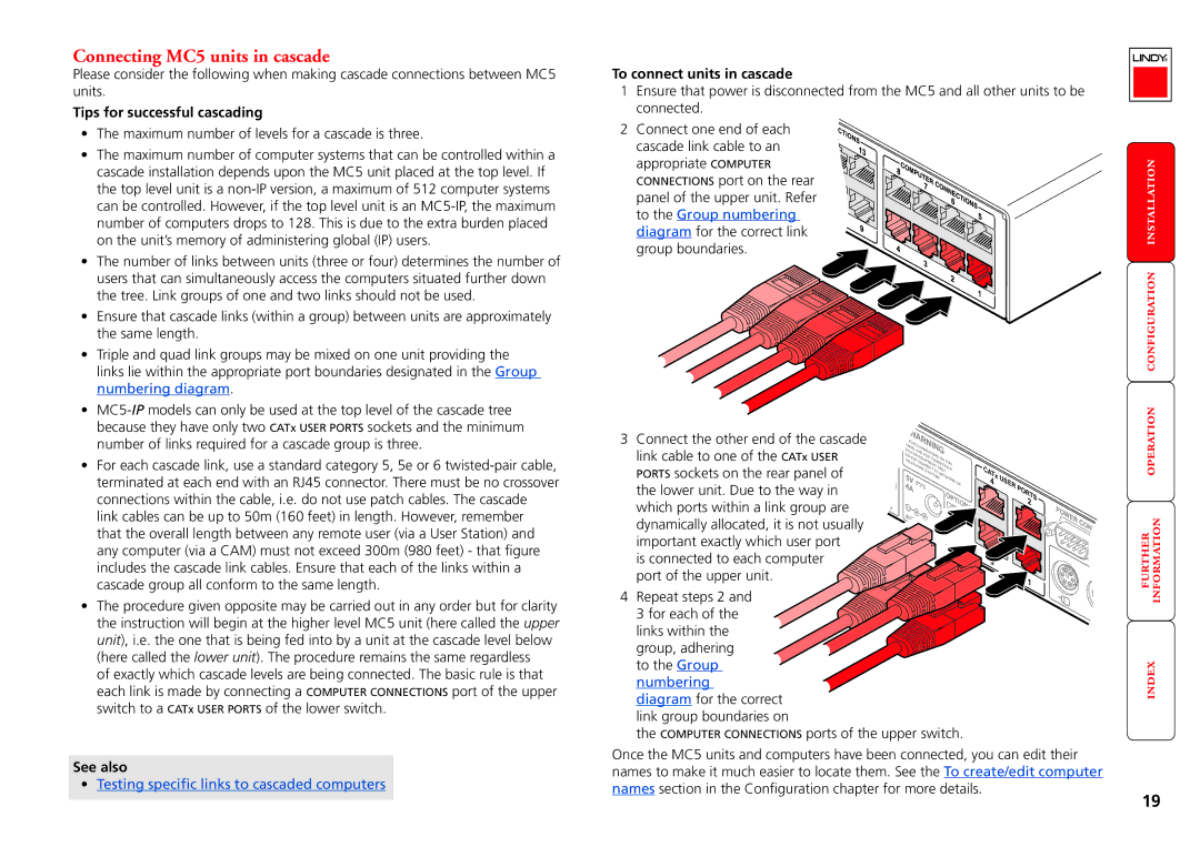 Lindy MC5-IP manual Connecting MC5 units in cascade, Tips for successful cascading, To connect units in cascade 