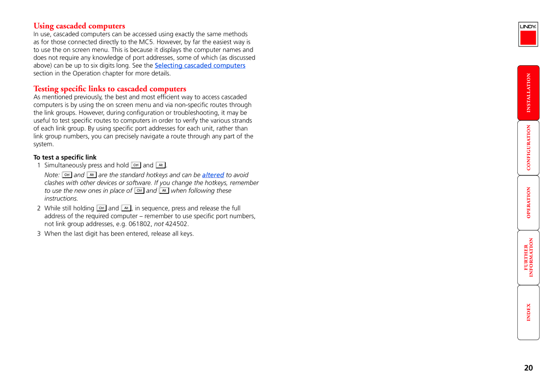 Lindy MC5-IP manual Using cascaded computers, Testing specific links to cascaded computers, To test a specific link 