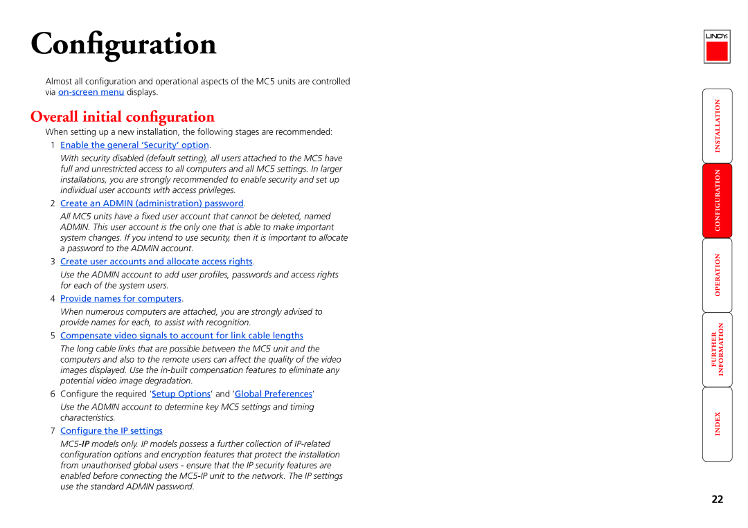 Lindy MC5-IP manual Configuration, Overall initial configuration 