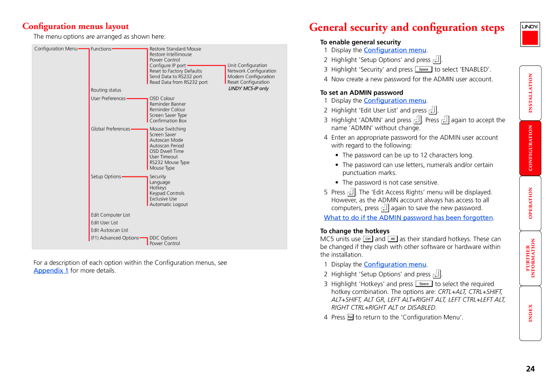 Lindy MC5-IP manual General security and configuration steps, Configuration menus layout, To enable general security 