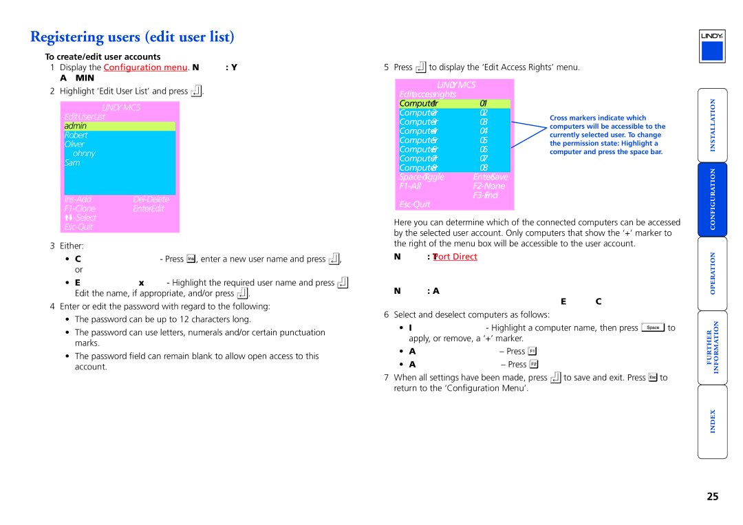 Lindy MC5-IP manual Registering users edit user list, To create/edit user accounts, Cross markers indicate which 