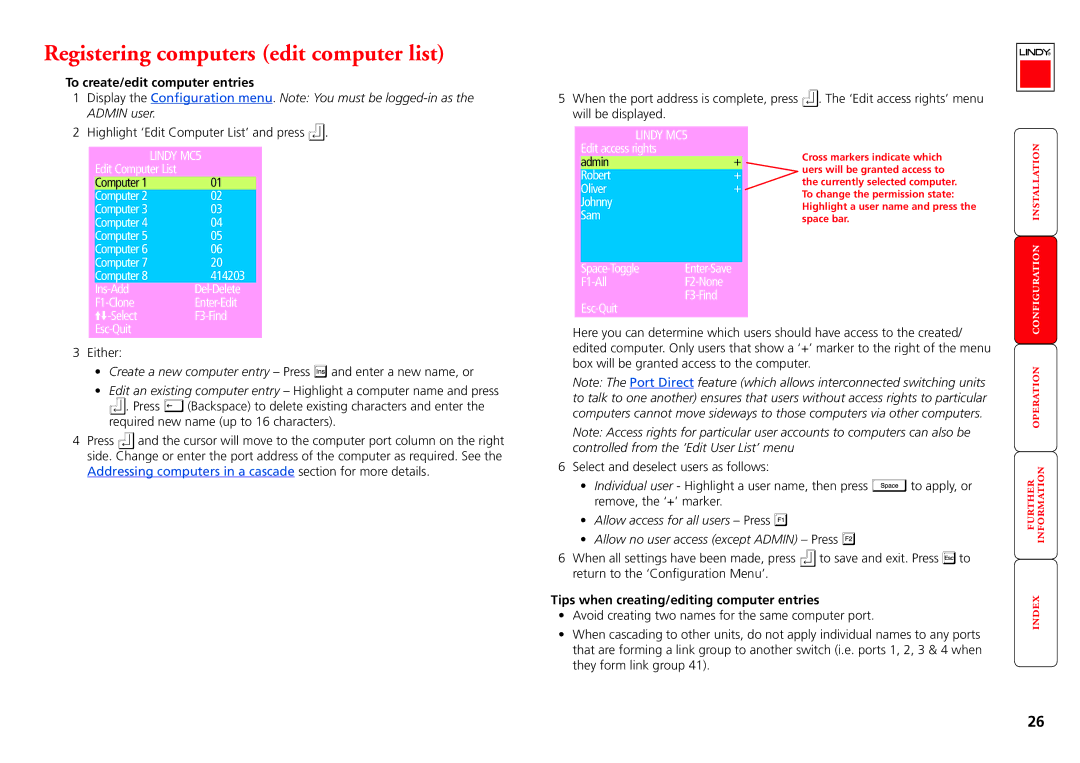 Lindy MC5-IP manual Registering computers edit computer list, To create/edit computer entries 