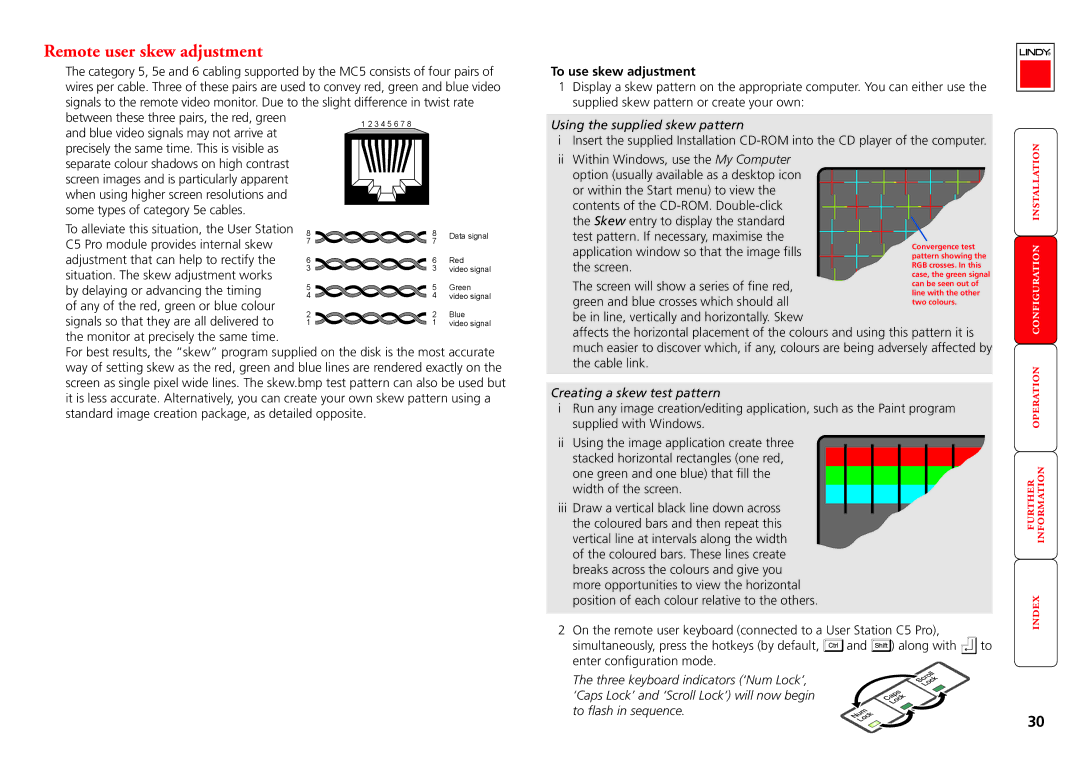 Lindy MC5-IP manual Remote user skew adjustment, To use skew adjustment, Using the supplied skew pattern 