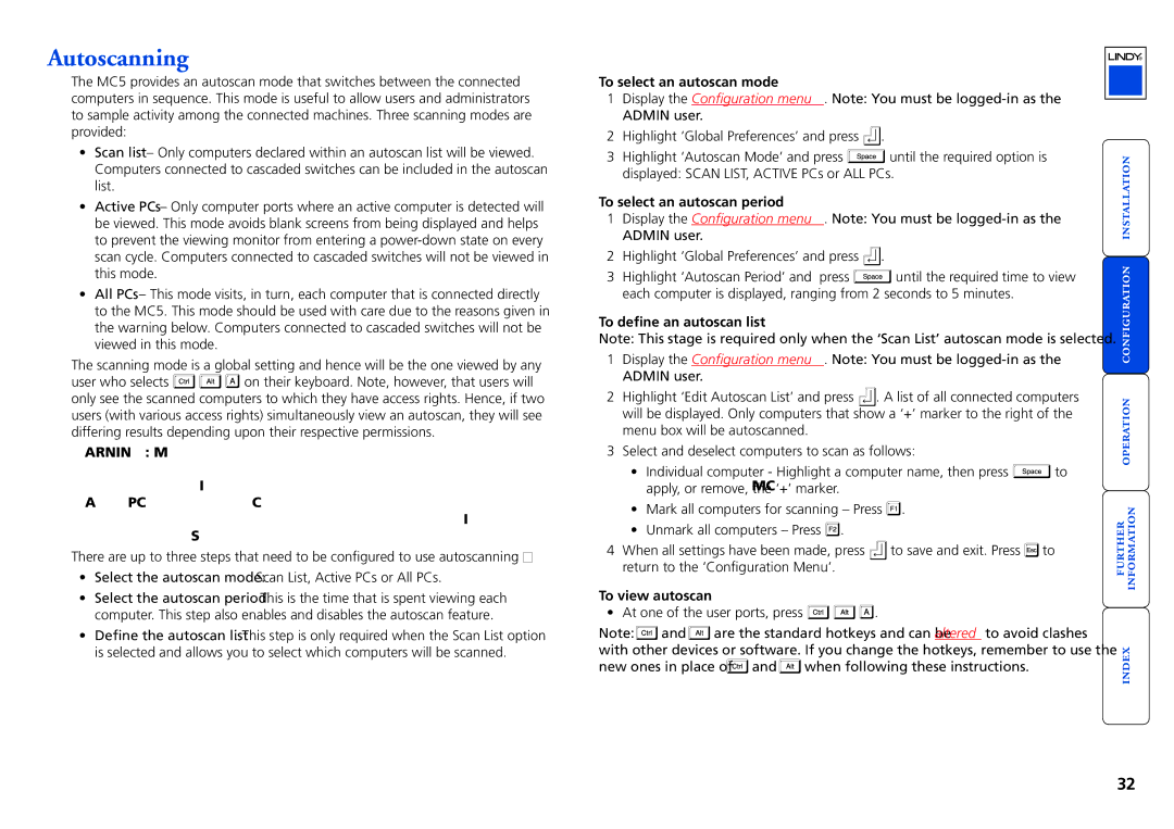 Lindy MC5-IP manual Autoscanning, To select an autoscan mode, To select an autoscan period, To define an autoscan list 