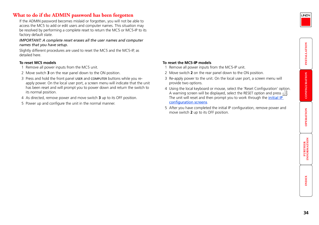 Lindy manual What to do if the Admin password has been forgotten, To reset MC5 models, To reset the MC5-IP models 