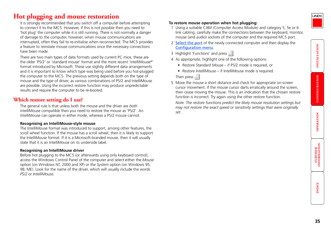 Lindy MC5-IP Hot plugging and mouse restoration, Which restore setting do I use?, Recognising an IntelliMouse-style mouse 