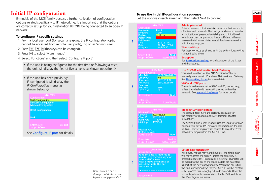 Lindy MC5-IP Initial IP configuration, To use the initial IP-configuration sequence, To configure IP-specific settings 