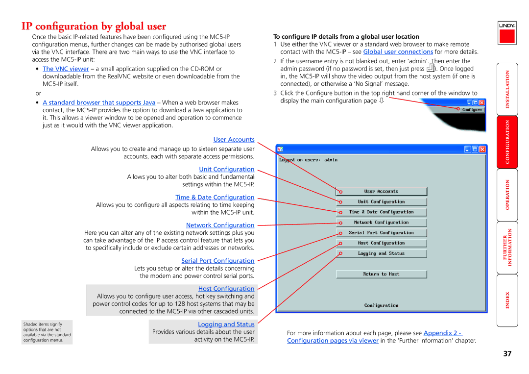 Lindy MC5-IP manual IP configuration by global user, To configure IP details from a global user location 