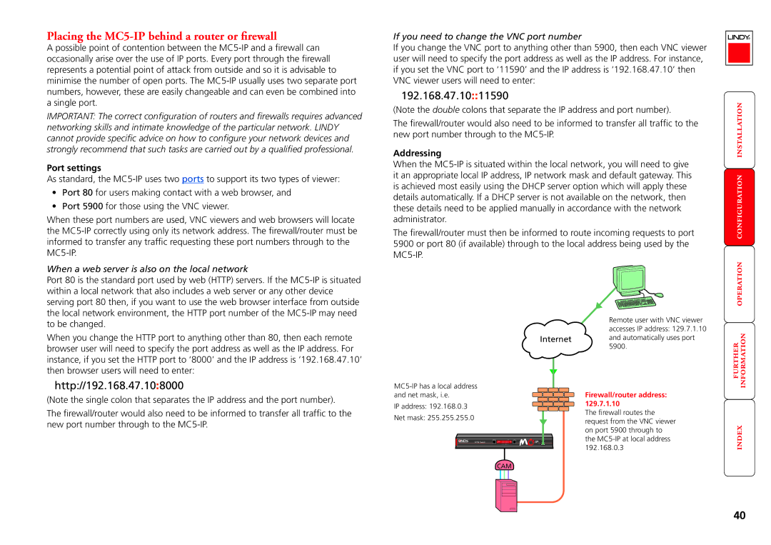 Lindy manual Placing the MC5-IP behind a router or firewall, Port settings, Addressing, Firewall/router address 