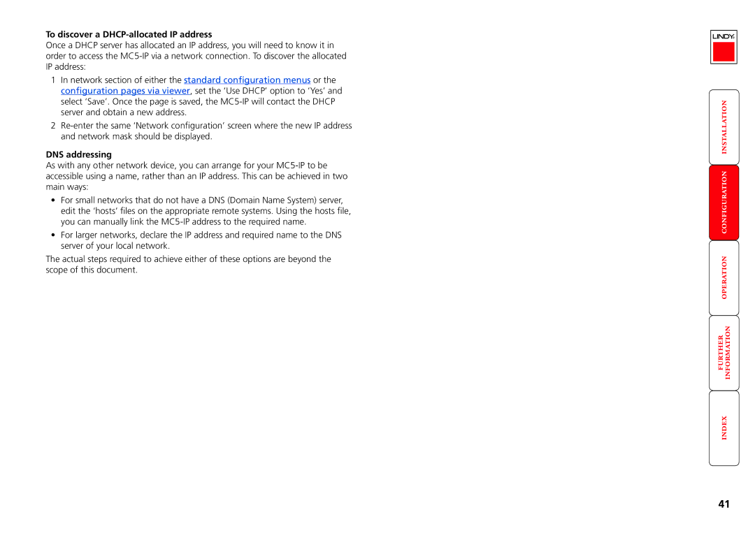 Lindy MC5-IP manual To discover a DHCP-allocated IP address, DNS addressing 