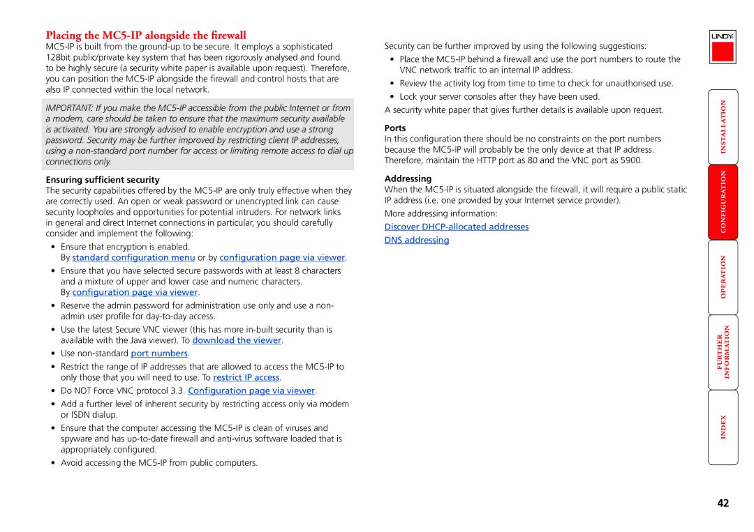 Lindy manual Placing the MC5-IP alongside the firewall, Ensuring sufficient security, Ports 