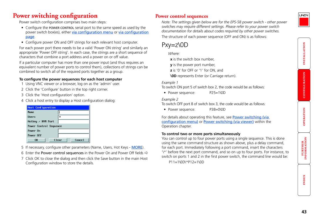 Lindy MC5-IP manual Power switching configuration, Power control sequences, To control two or more ports simultaneously 