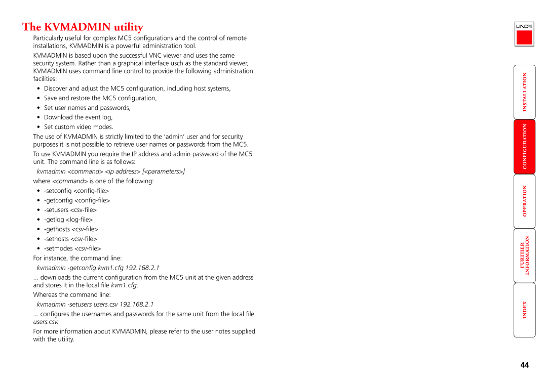 Lindy MC5-IP manual Kvmadmin utility, Kvmadmin command ip address parameters, Kvmadmin -getconfig kvm1.cfg 