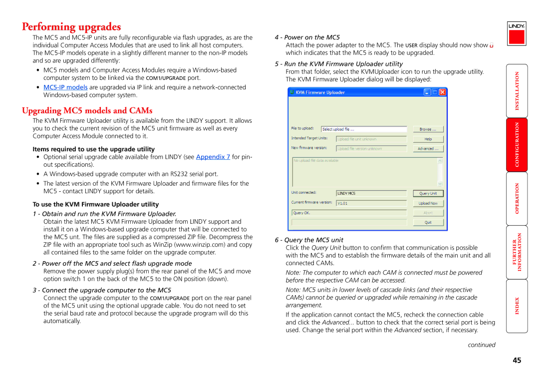 Lindy MC5-IP manual Performing upgrades, Upgrading MC5 models and CAMs, Items required to use the upgrade utility 