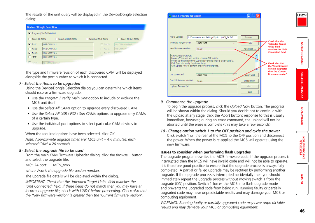 Lindy MC5-IP manual Select the items to be upgraded, Select the upgrade file to be used, Commence the upgrade 