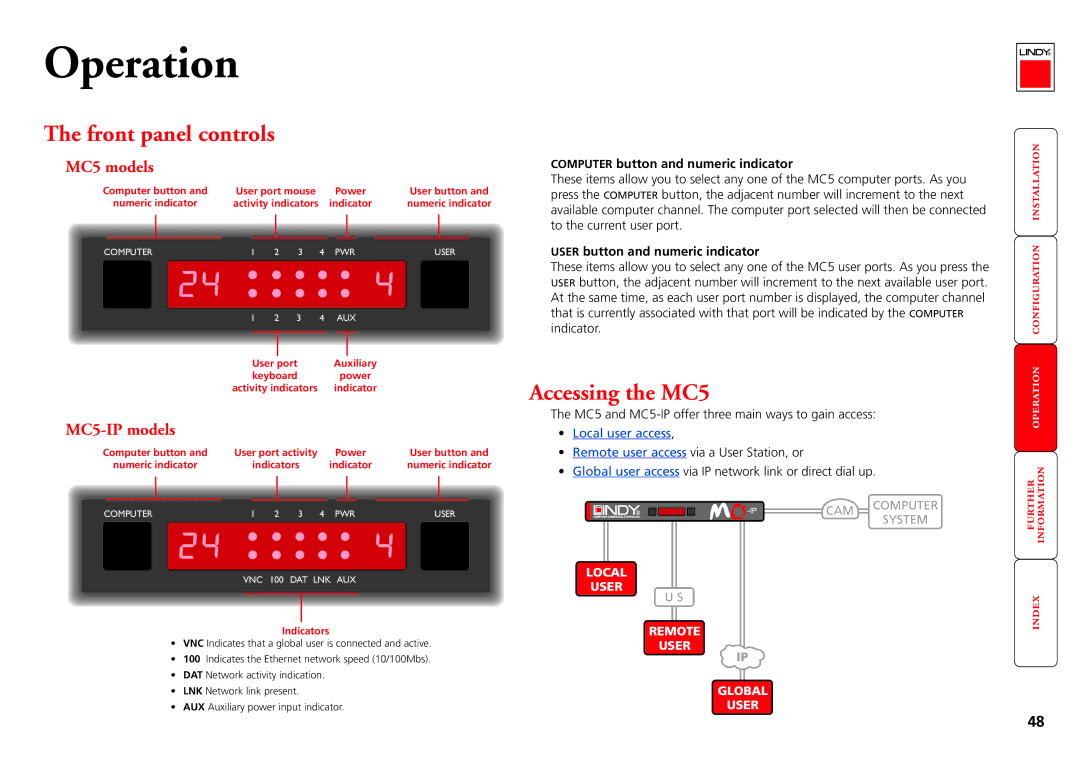 Lindy manual Front panel controls, Accessing the MC5, MC5 models, MC5-IP models 