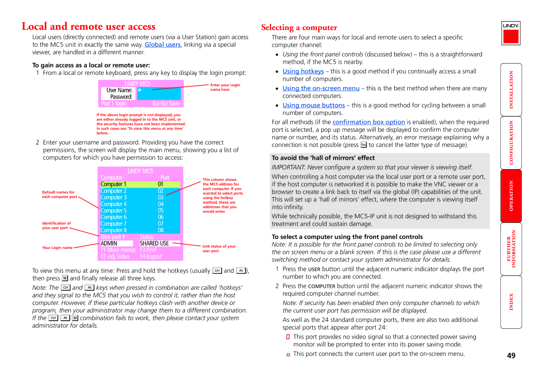 Lindy MC5-IP manual Local and remote user access, Selecting a computer, To gain access as a local or remote user 