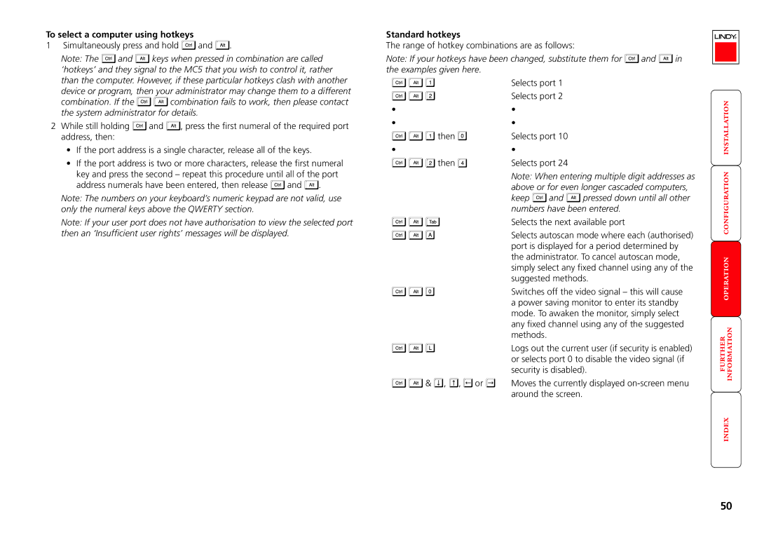 Lindy MC5-IP manual To select a computer using hotkeys, Standard hotkeys, Above or for even longer cascaded computers 