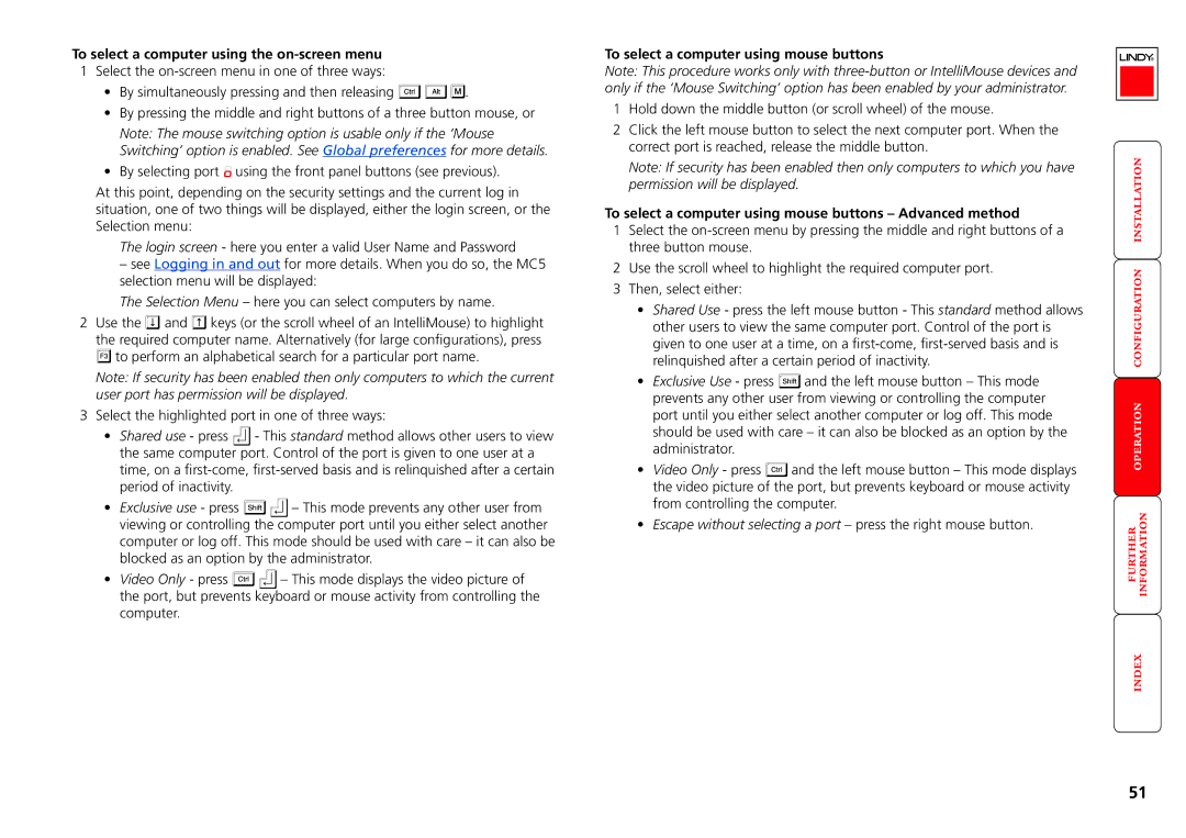 Lindy MC5-IP manual To select a computer using the on-screen menu, To select a computer using mouse buttons 