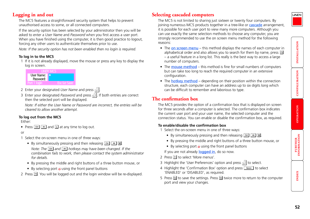 Lindy MC5-IP manual Logging in and out, Selecting cascaded computers, Confirmation box 