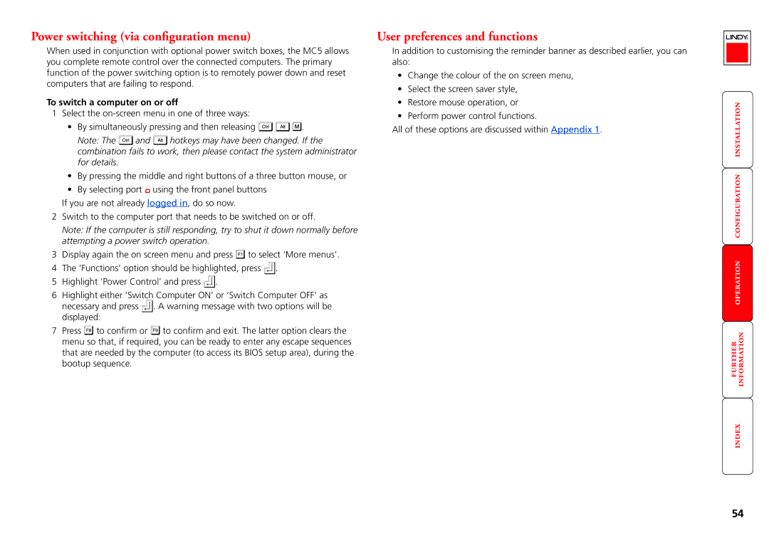 Lindy MC5-IP manual Power switching via configuration menu, User preferences and functions, To switch a computer on or off 