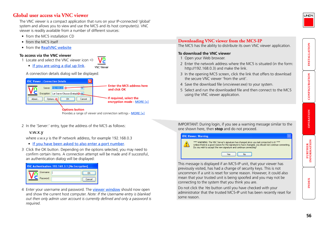 Lindy MC5-IP Global user access via VNC viewer, To access via the VNC viewer, Enter the MC5 address here and click OK 