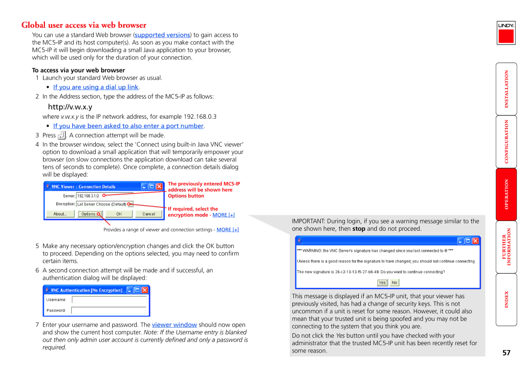 Lindy MC5-IP manual Global user access via web browser, To access via your web browser 