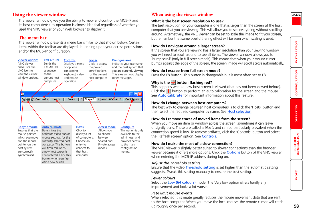 Lindy MC5-IP manual Using the viewer window, Menu bar, When using the viewer window 