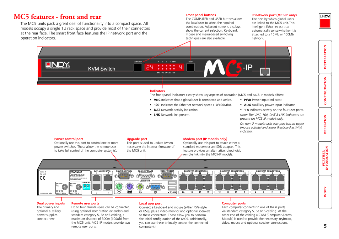 Lindy MC5-IP manual MC5 features front and rear, Front panel buttons, Indicators 